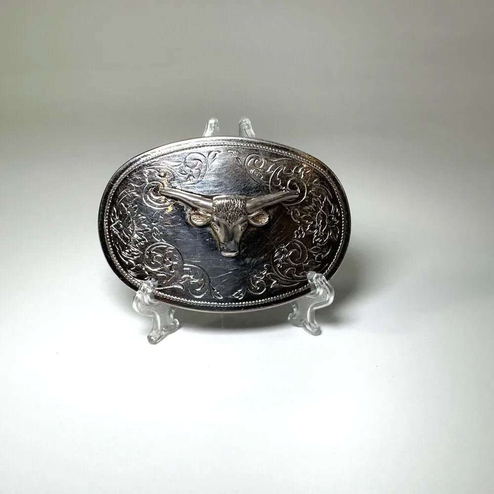Western Style Belt Buckle Silver Longhorn Steer Head Engraved Base Aztec Style